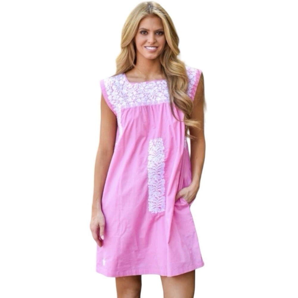 J.Marie Oaxaca Bubble Gum Pink Floral Embroidered Shift Dress Size XS